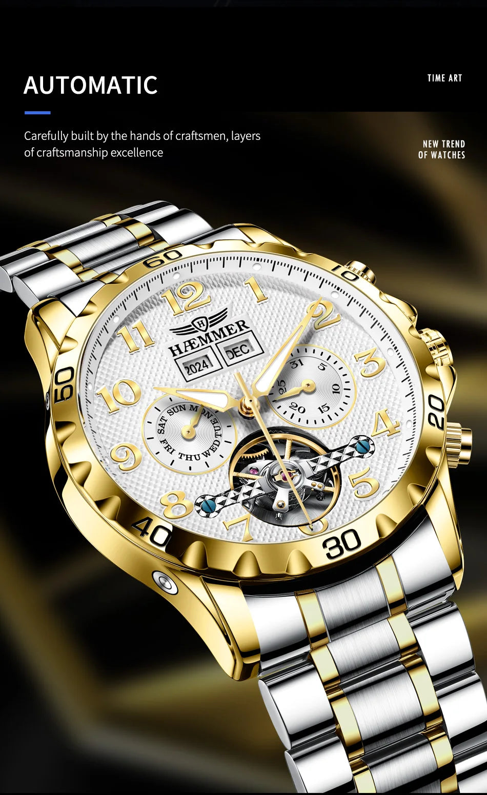 HAEMMER fully automatic mechanical multi-function watch men's fashion high-end trend waterproof men's stainless steel watch