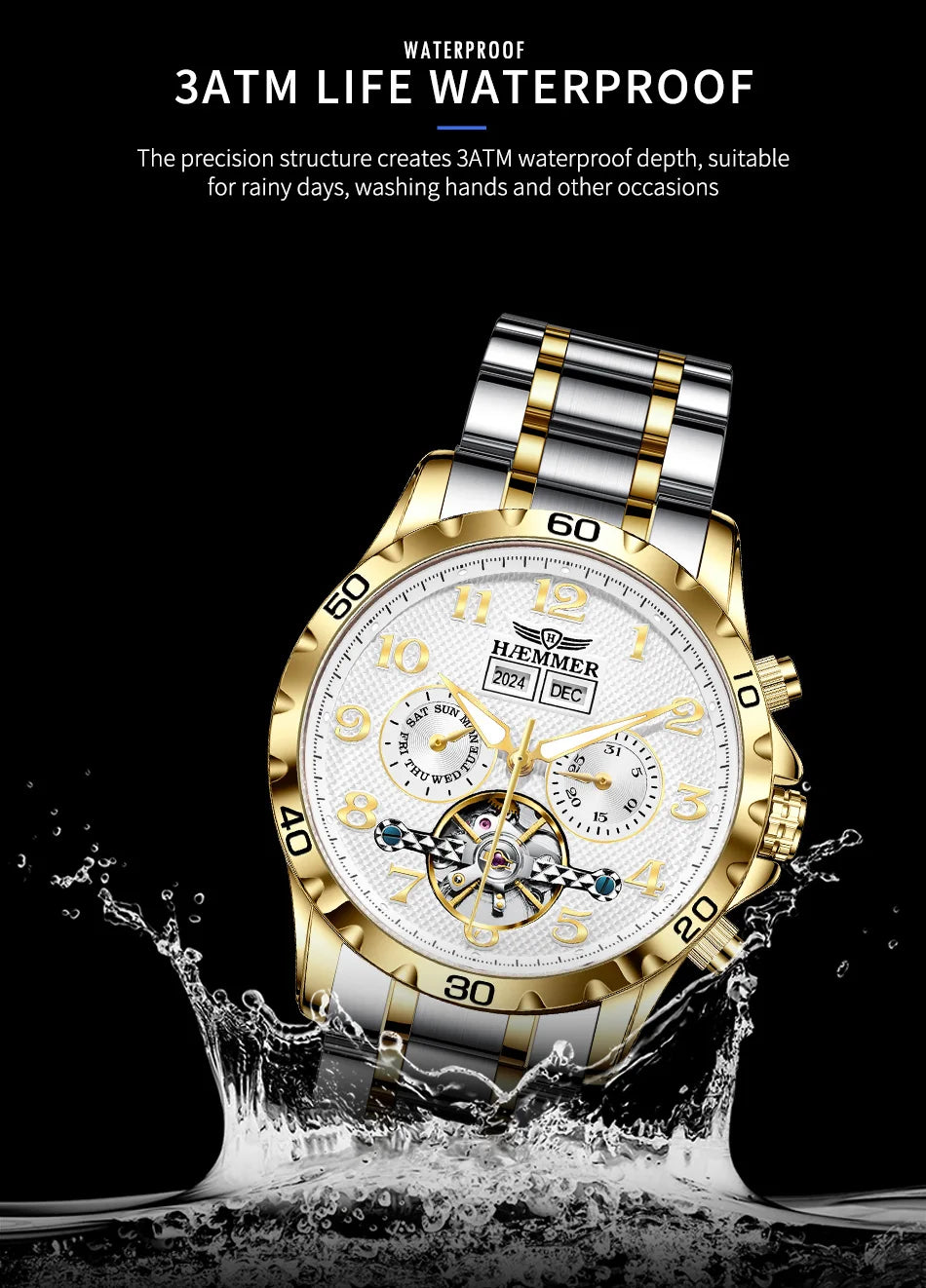 HAEMMER fully automatic mechanical multi-function watch men's fashion high-end trend waterproof men's stainless steel watch