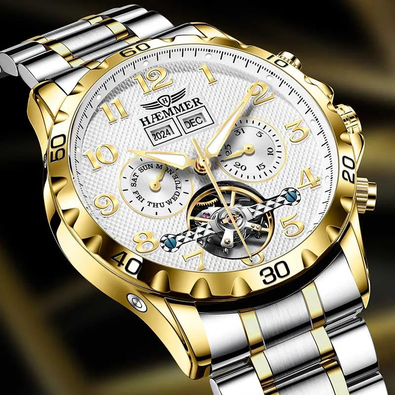 HAEMMER fully automatic mechanical multi-function watch men's fashion high-end trend waterproof men's stainless steel watch