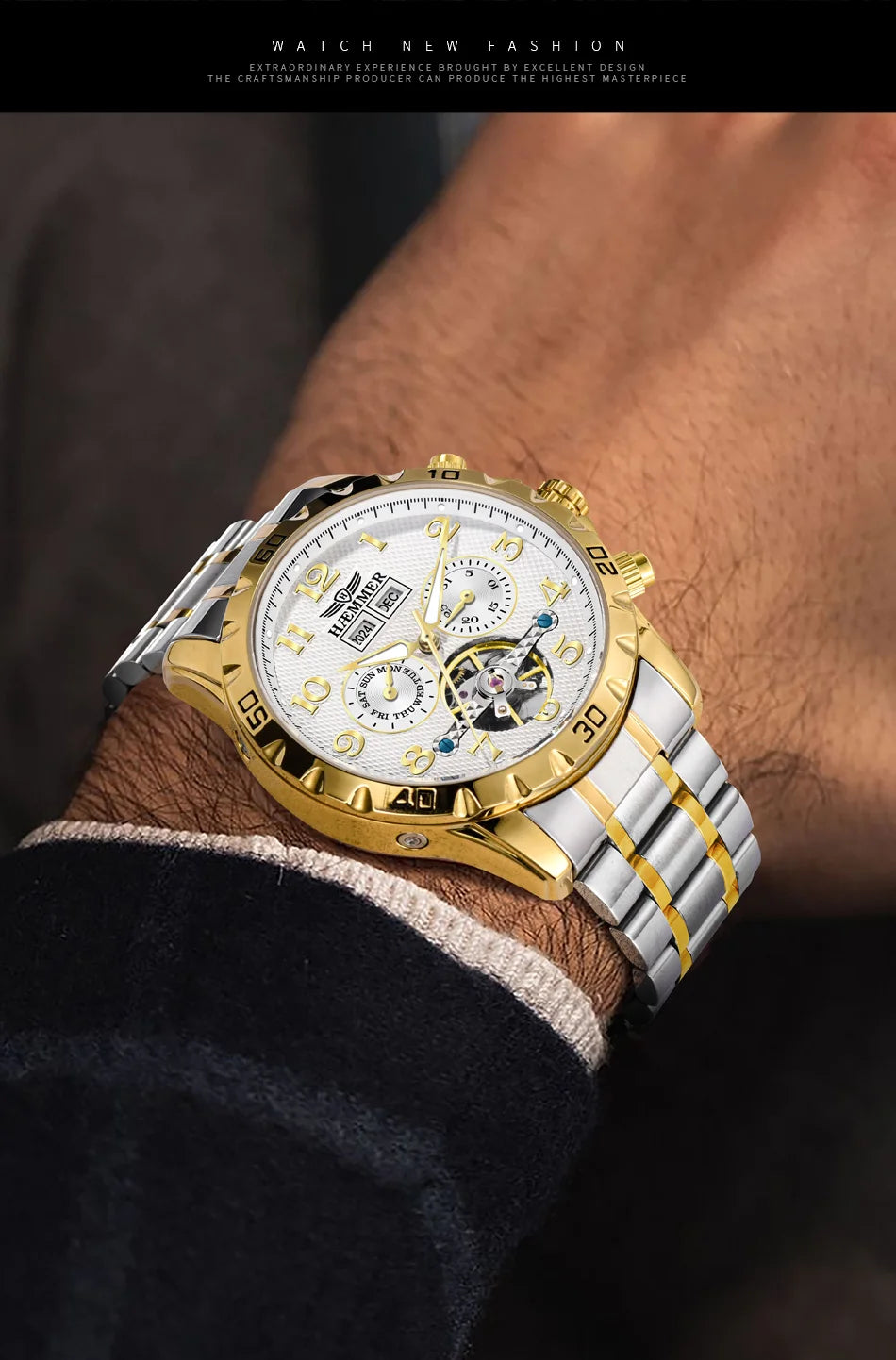 HAEMMER fully automatic mechanical multi-function watch men's fashion high-end trend waterproof men's stainless steel watch