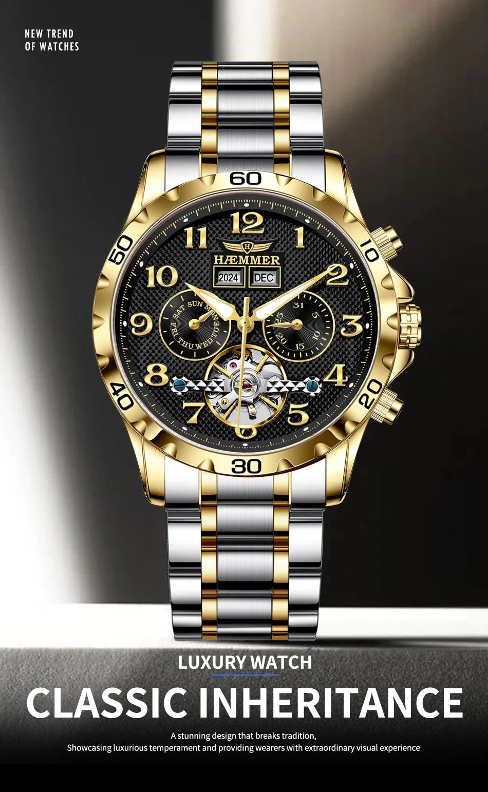 HAEMMER fully automatic mechanical multi-function watch men's fashion high-end trend waterproof men's stainless steel watch