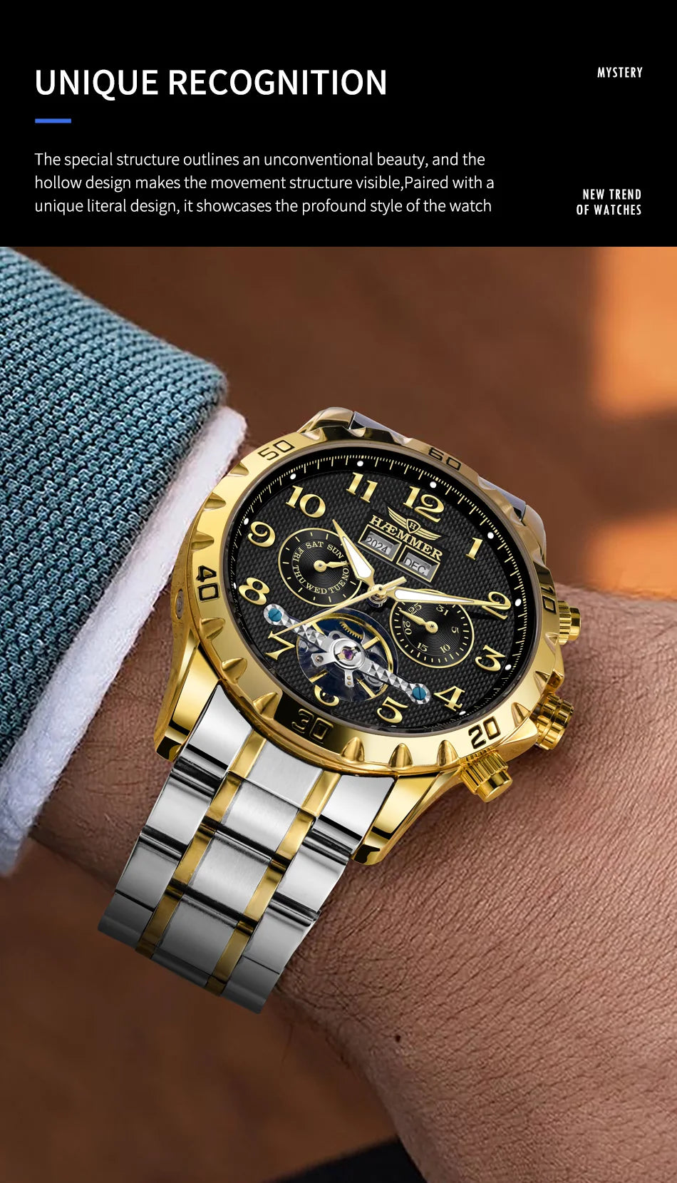 HAEMMER fully automatic mechanical multi-function watch men's fashion high-end trend waterproof men's stainless steel watch