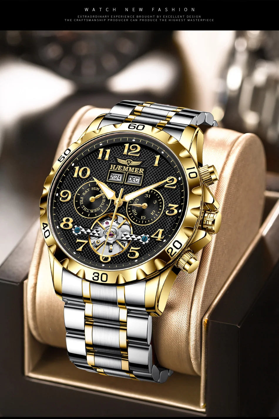 HAEMMER fully automatic mechanical multi-function watch men's fashion high-end trend waterproof men's stainless steel watch