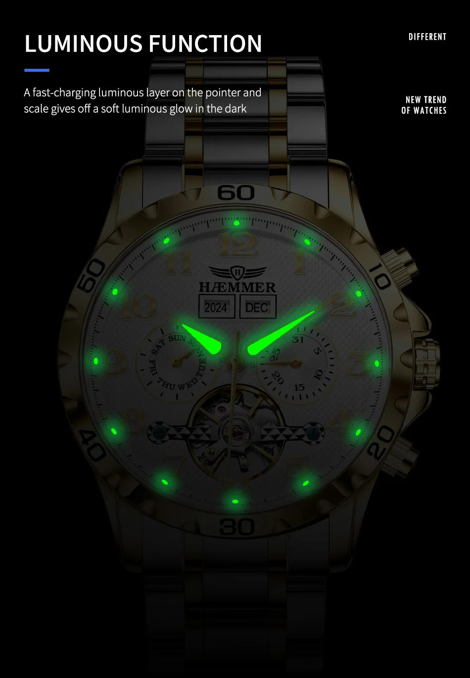 HAEMMER fully automatic mechanical multi-function watch men's fashion high-end trend waterproof men's stainless steel watch