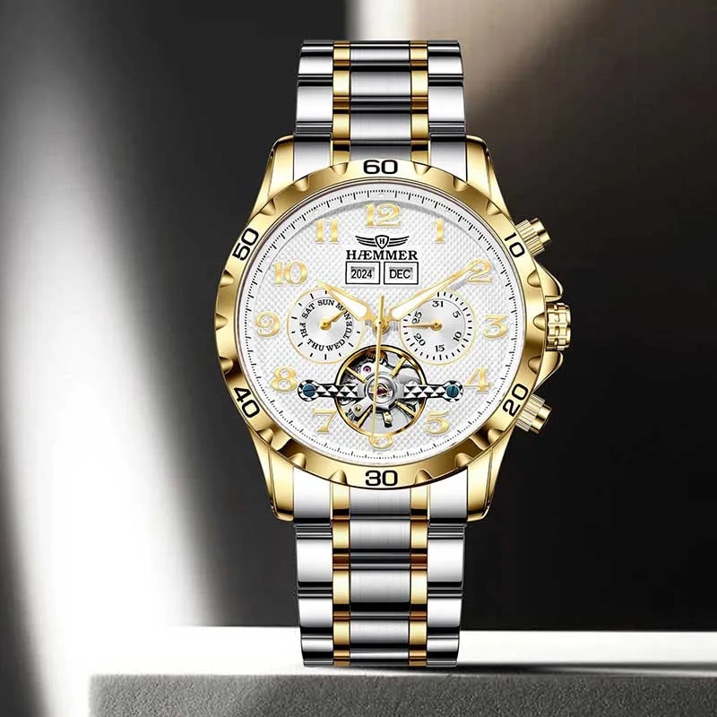 HAEMMER fully automatic mechanical multi-function watch men's fashion high-end trend waterproof men's stainless steel watch