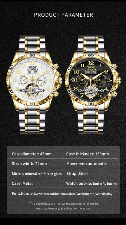 HAEMMER fully automatic mechanical multi-function watch men's fashion high-end trend waterproof men's stainless steel watch