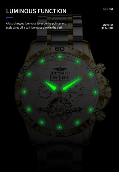 HAEMMER fully automatic mechanical multi-function watch men's fashion high-end trend waterproof men's stainless steel watch